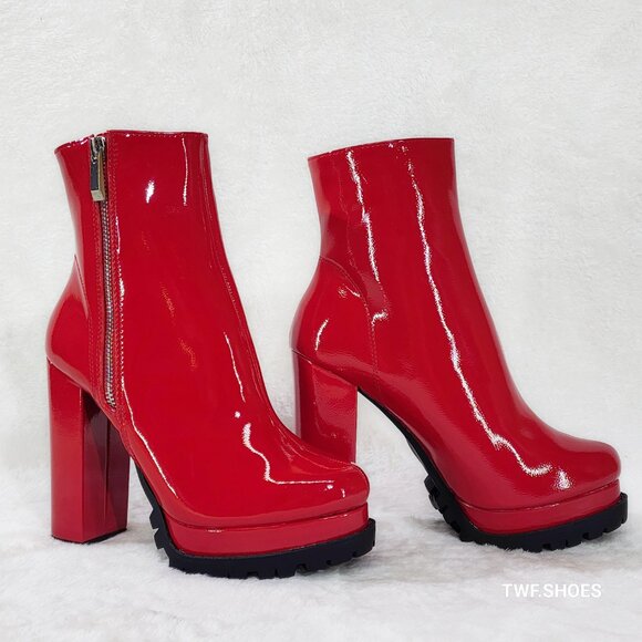 Wild Diva Vivian Red Patent Chunky Heel Platform Ankle Boots New - Picture 6 of 8